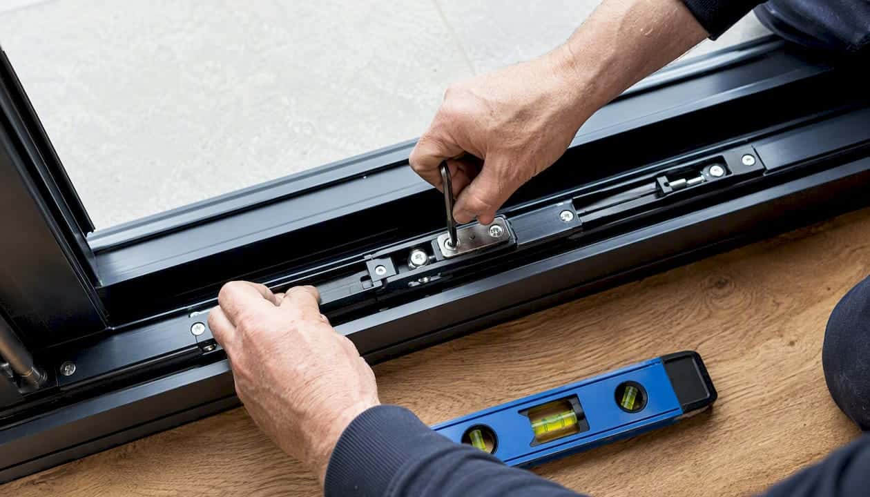 Monteur stelt de rail van de vouwwand af