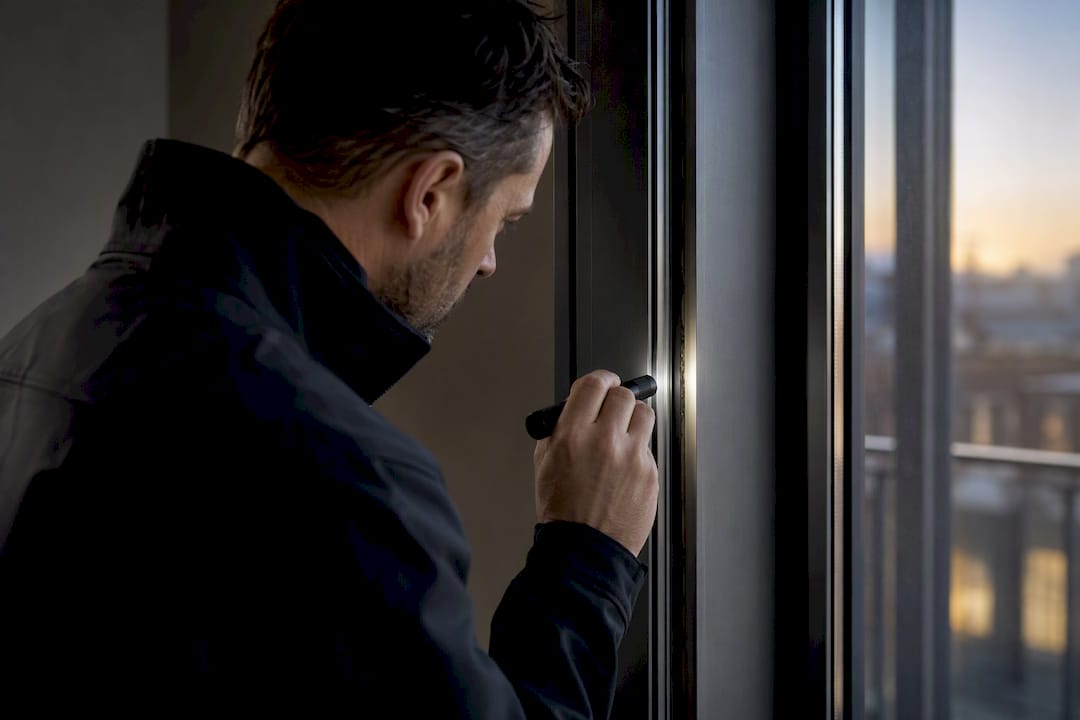 Inspectielamp controleert luchtlek langs de rand van het kozijn