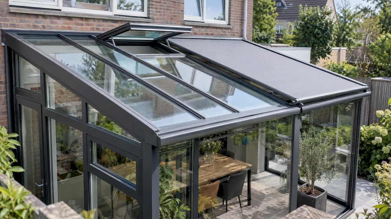 Serre met open bovenlicht en zonwering