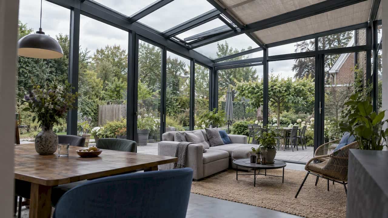 Moderne aluminium serre met open ventilatie