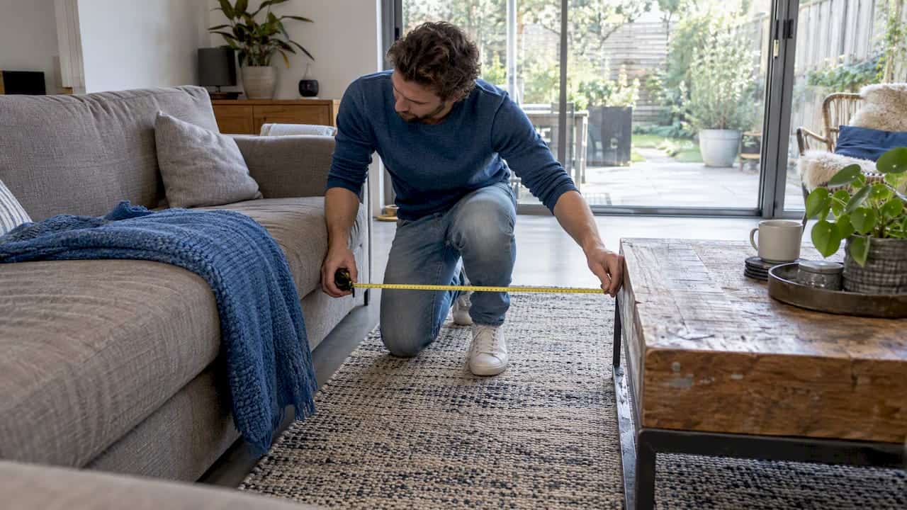 Woonkamer met gemeten afstanden tussen meubels