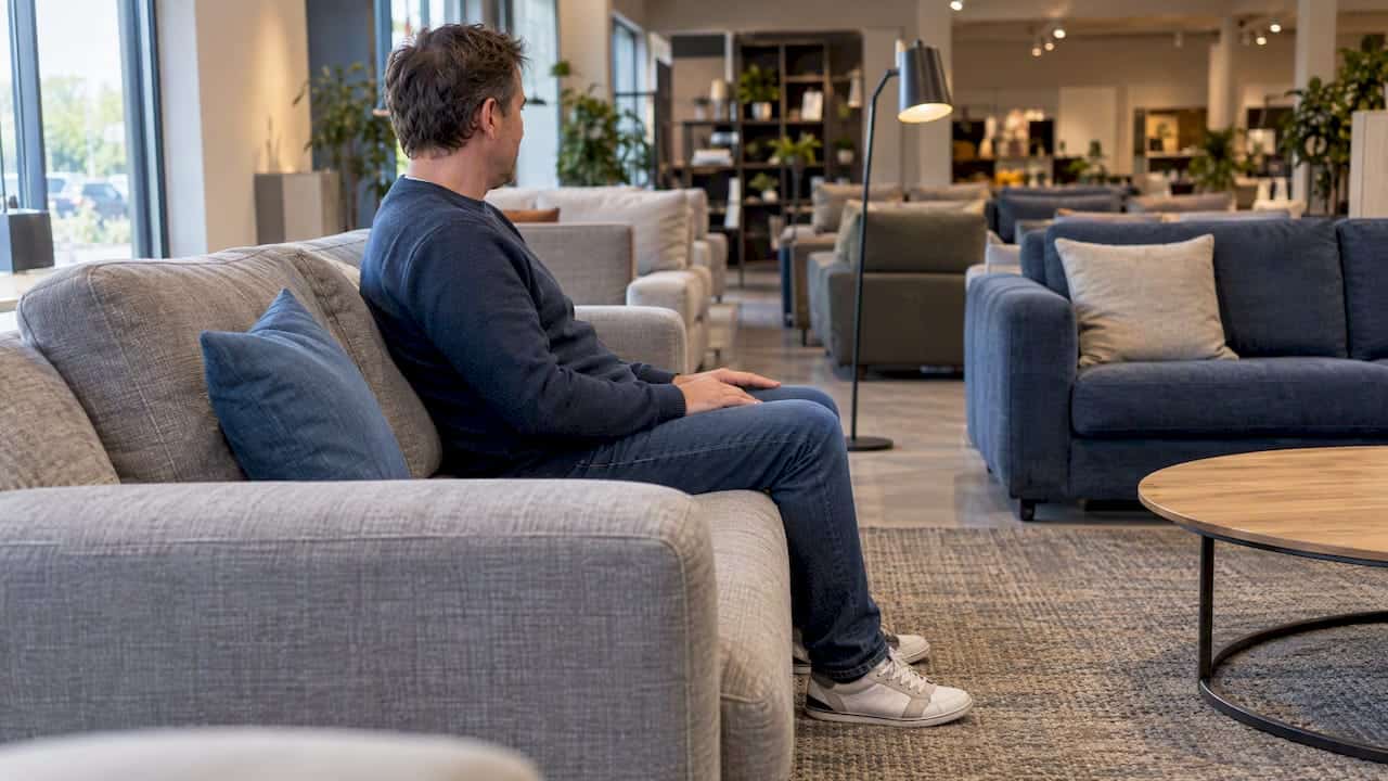 Bezoeker test de zitdiepte van de bank