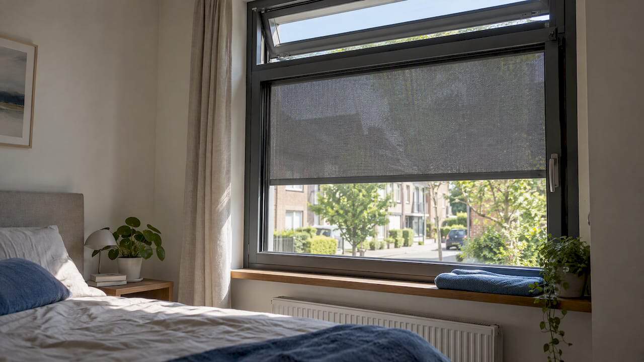 Aluminium raam met een buitenzonwering in een koele slaapkamer