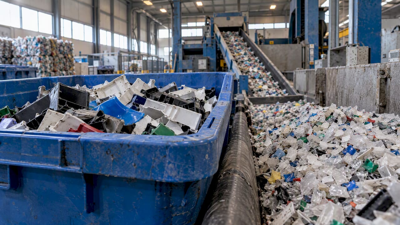 Gesorteerde kunststofkorrels in een recyclinghal