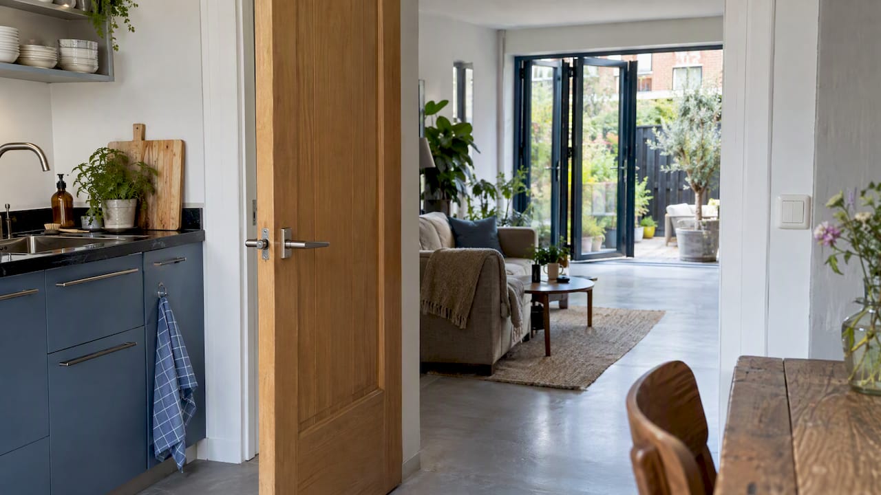 Draaideur en aluminium vouwwand in huis