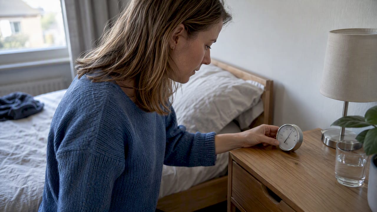 Bewoner kijkt op de hygrometer op het kastje in de slaapkamer