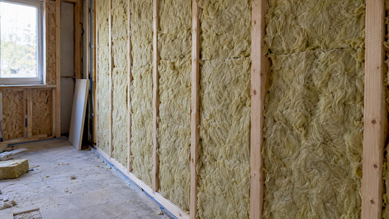 Minerale wol tussen houten wandstijlen